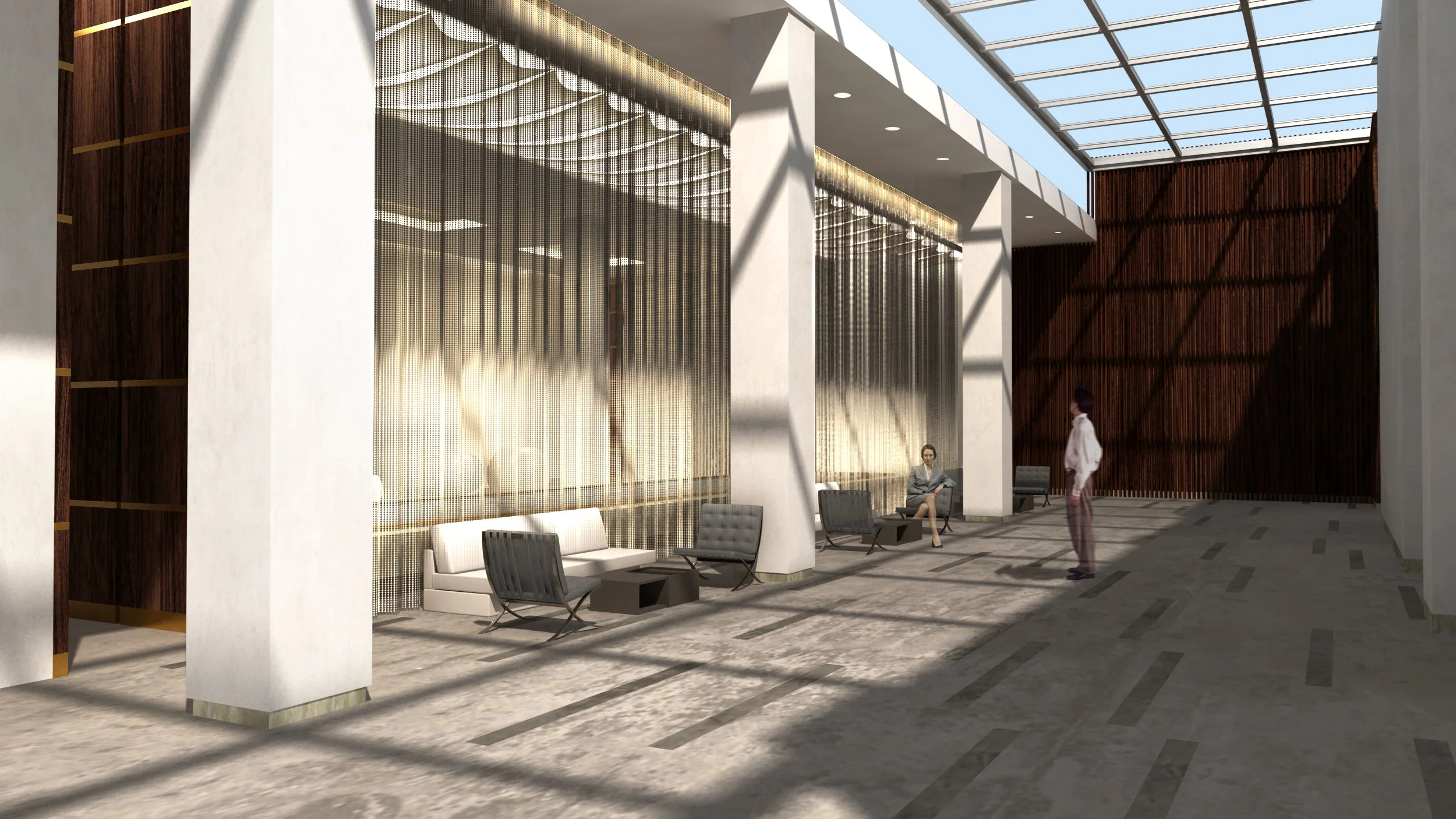 Modern hotel lobby with seating area, large glass skylight ceiling, and wooden wall accents.