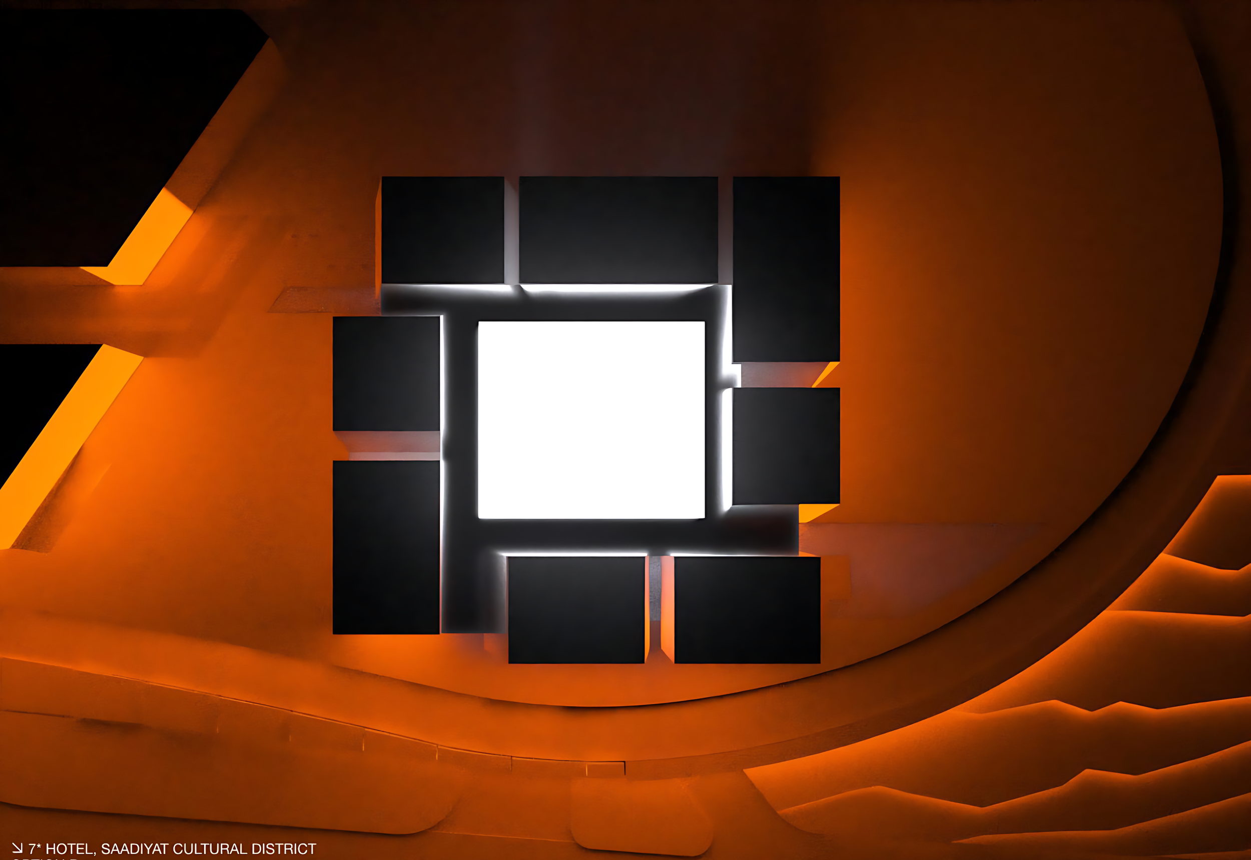 Interior wall with illuminated geometric design featuring a white square with black rectangular panels around it, set against a warm orange background.