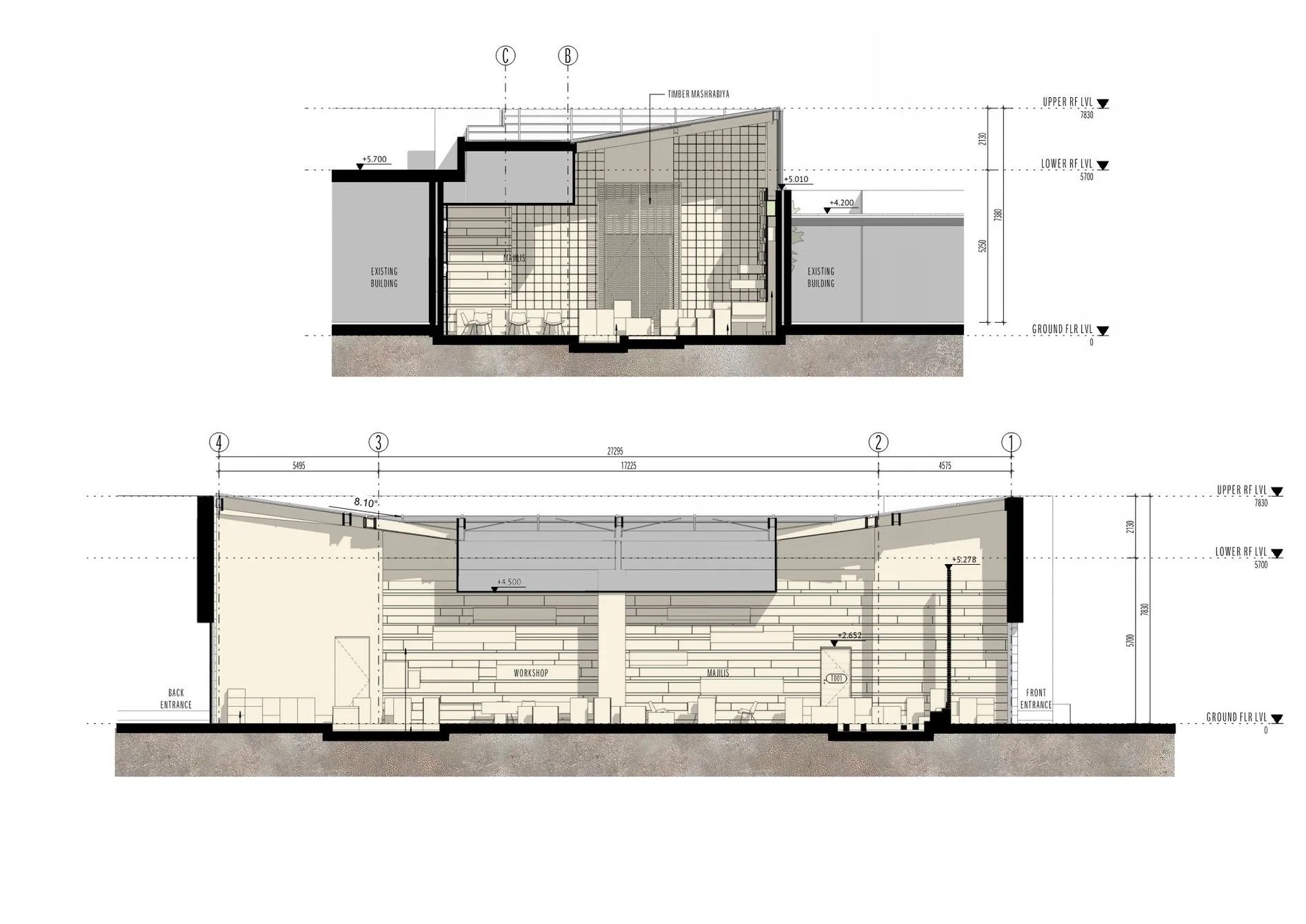 Architectural cross-section of a building showing two levels: a workshop area on the ground floor and a mezzanine with seating and stairs leading to upper levels. The drawing includes measurements, views of the structure's interior, and labels indicating entrances and existing buildings.