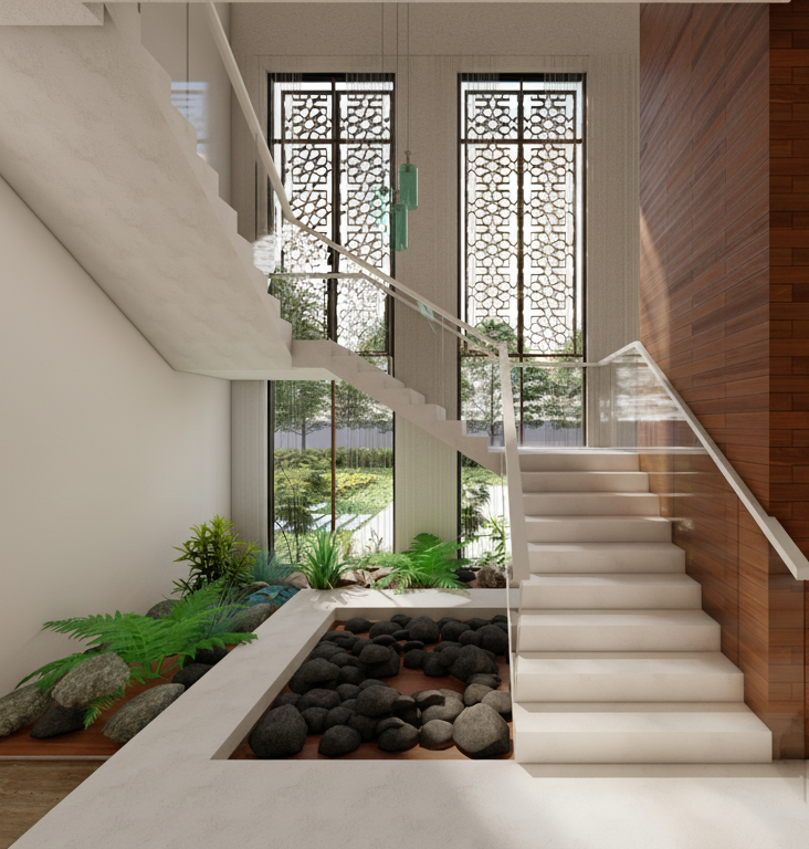 Interior view of a modern staircase with white steps and glass railing, featuring garden plants and rocks at the lower level, large windows with decorative panels allowing natural light, and wooden wall paneling on one side.