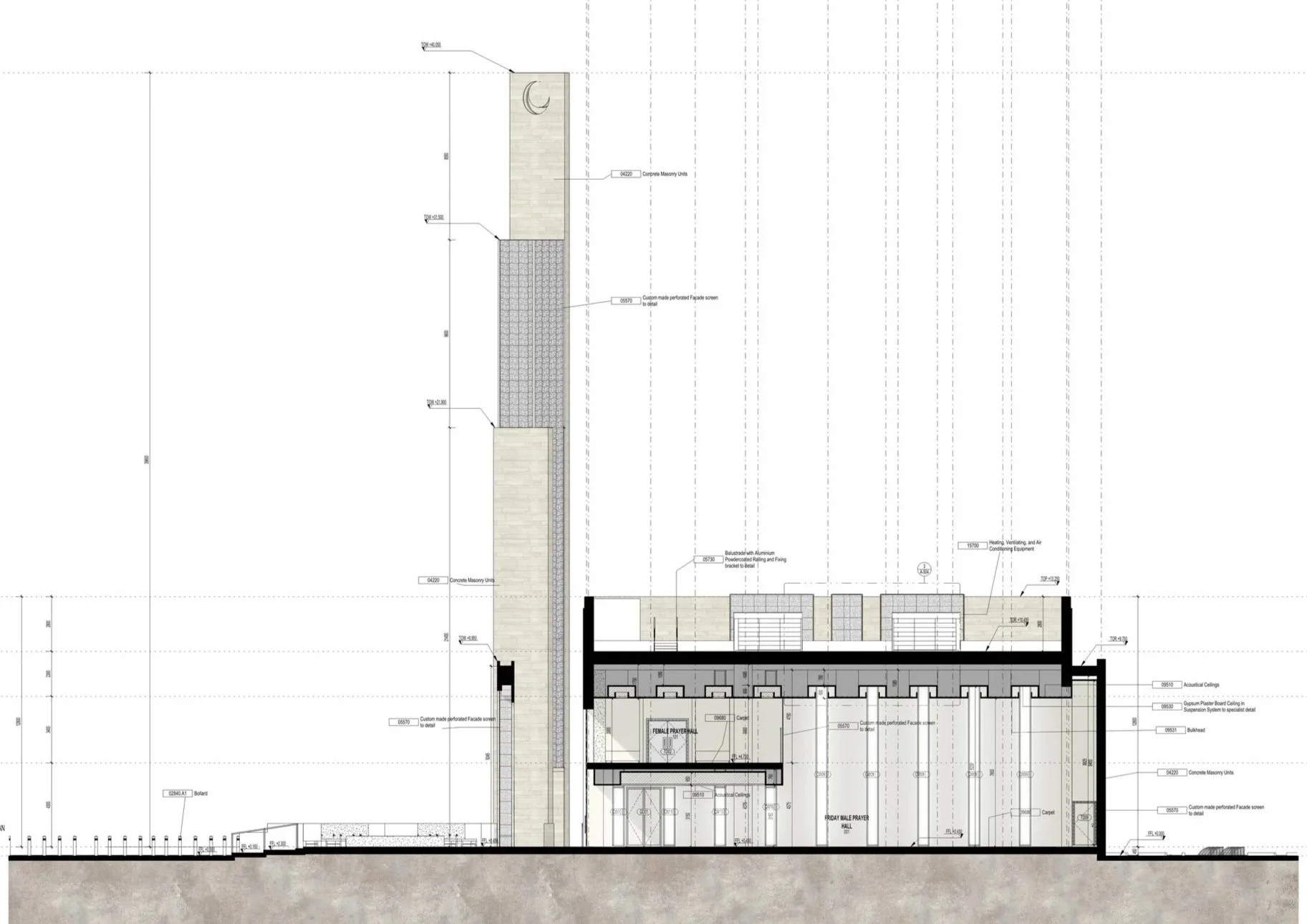 Architectural drawing of a building section showing walls, ceilings, and structural details.
