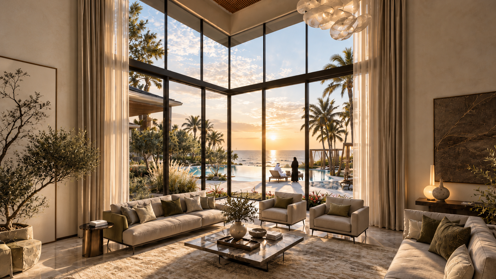 Interior view of a living room with large floor-to-ceiling windows showing a pool, palm trees, and a cloudy sky outside, with modern black sofas and a coffee table.