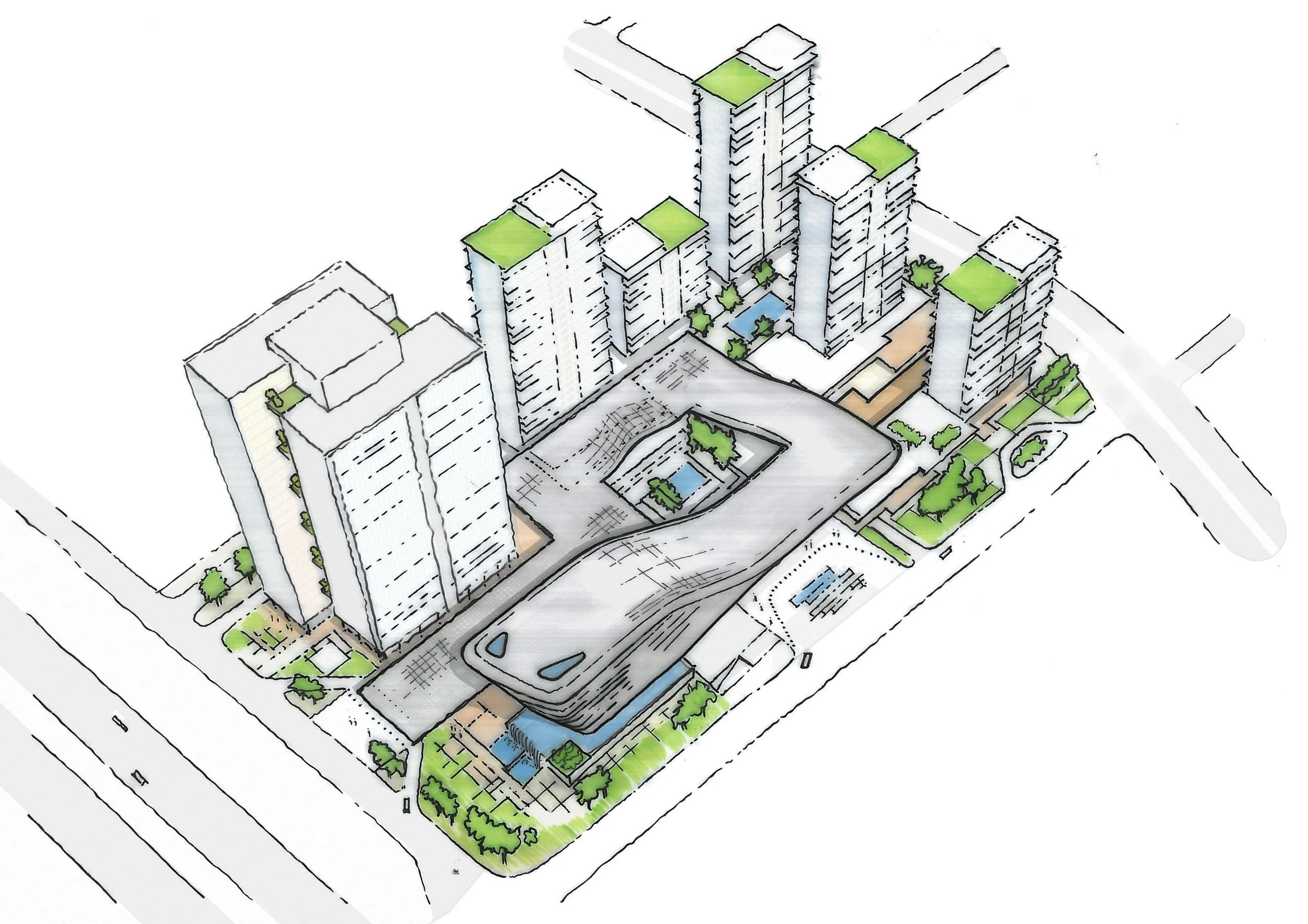 A hand-drawn architectural illustration of a modern high-rise residential complex with multiple buildings, green rooftops, landscaped gardens, swimming pools, and walkways around a central courtyard, viewed from an aerial perspective.