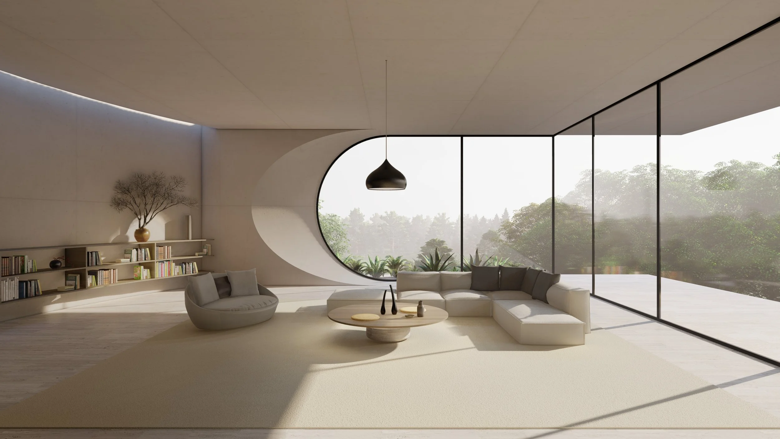 Modern living room with large windows, white sectional sofa, round coffee table, minimalist decor, bookshelves, and natural light.