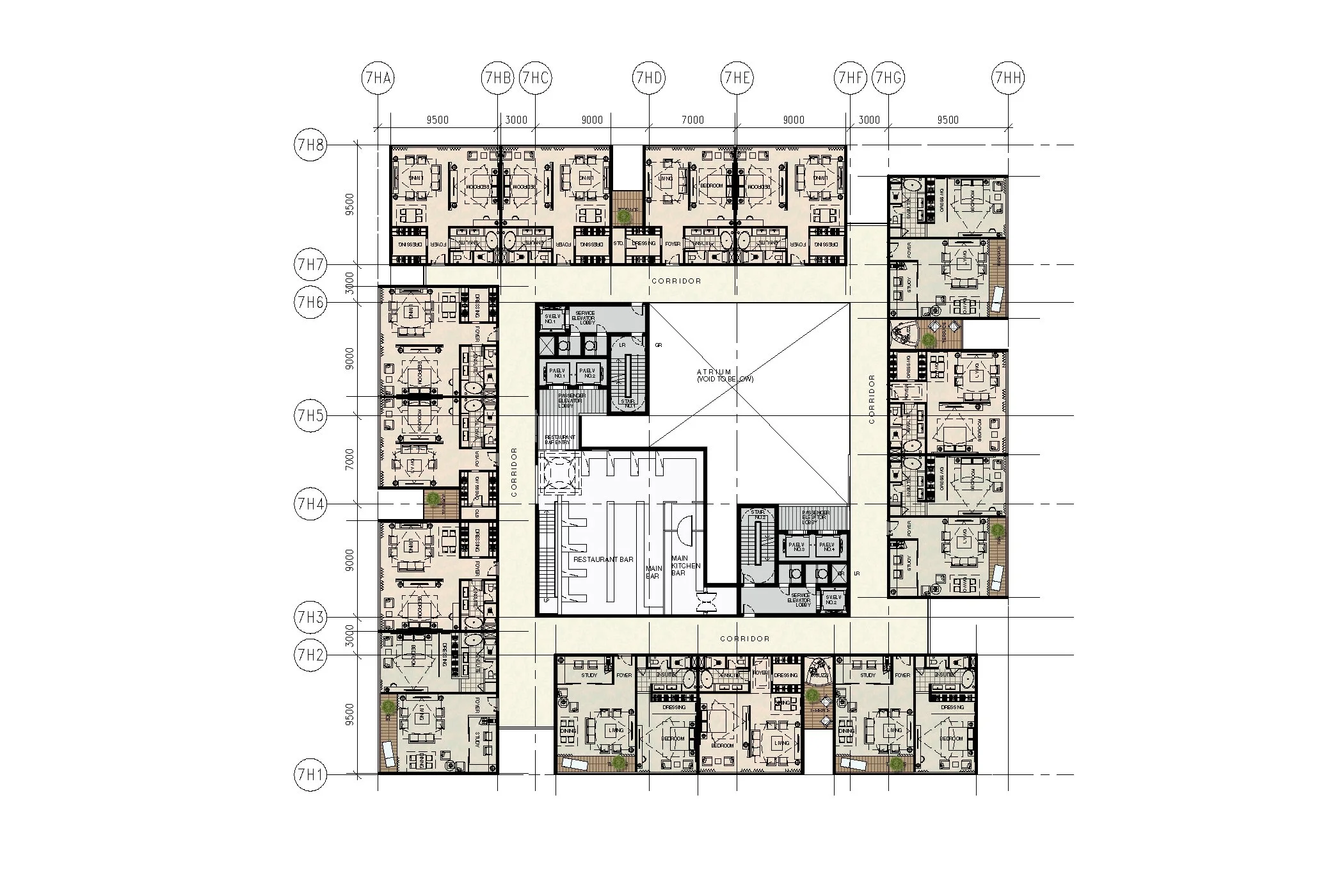 Detailed architectural floor plan of a building complex, showing multiple apartment units, corridors, communal areas, and amenities.