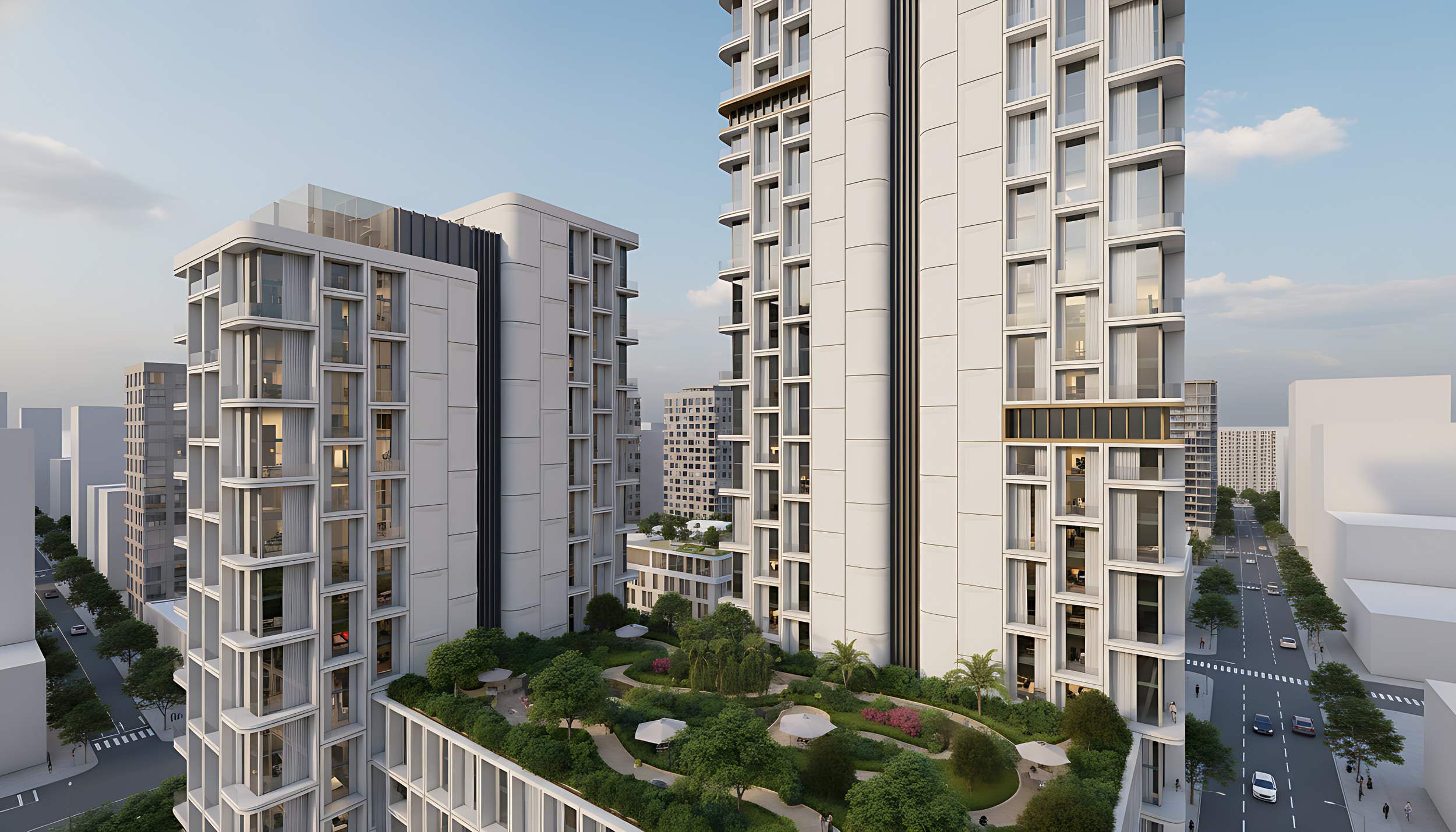 Modern high-rise residential buildings surrounding a landscaped courtyard with trees, walking paths, and umbrellas on benches, in an urban setting.