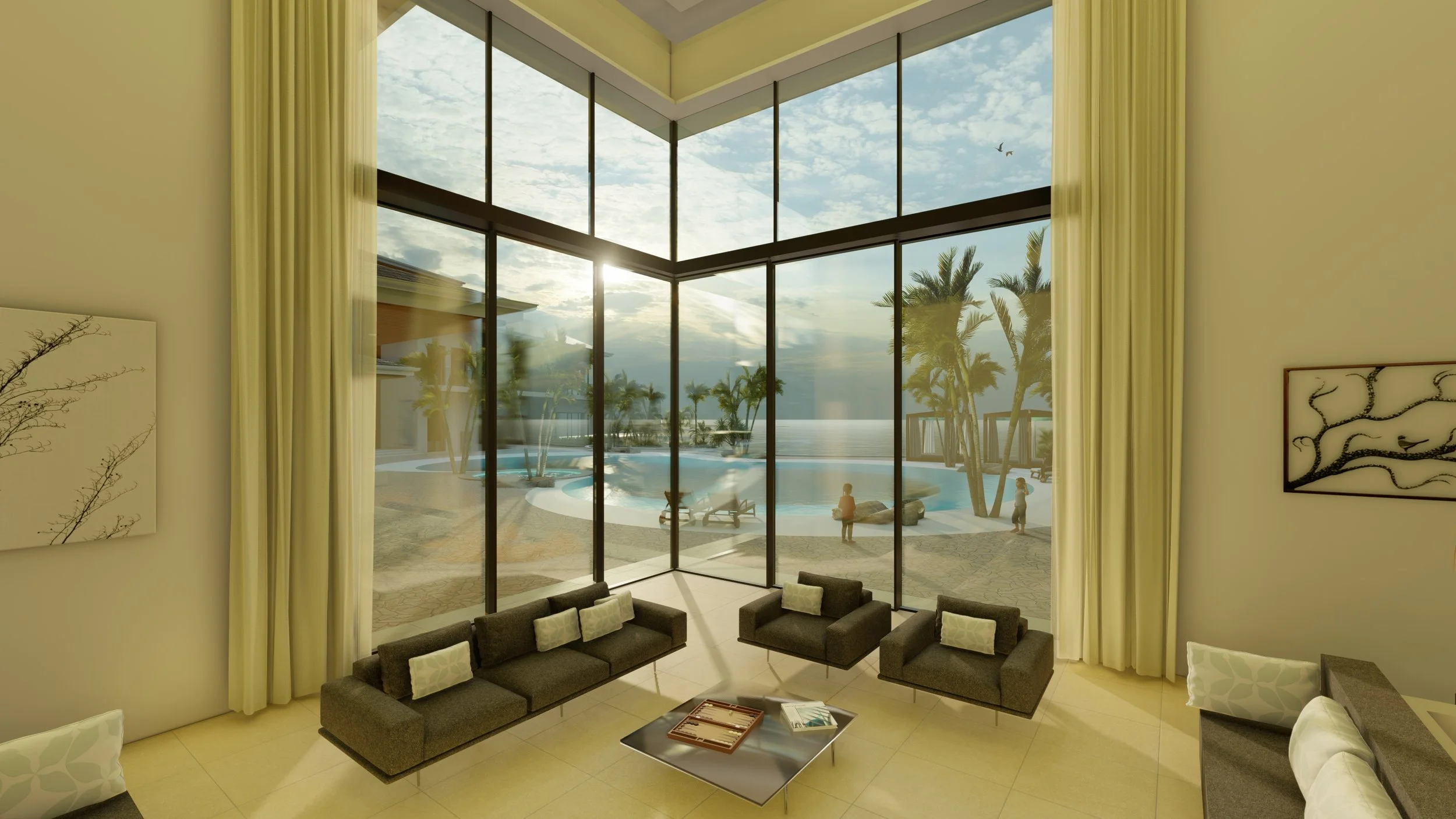 Interior view of a living room with large floor-to-ceiling windows showing a pool, palm trees, and a cloudy sky outside, with modern black sofas and a coffee table.