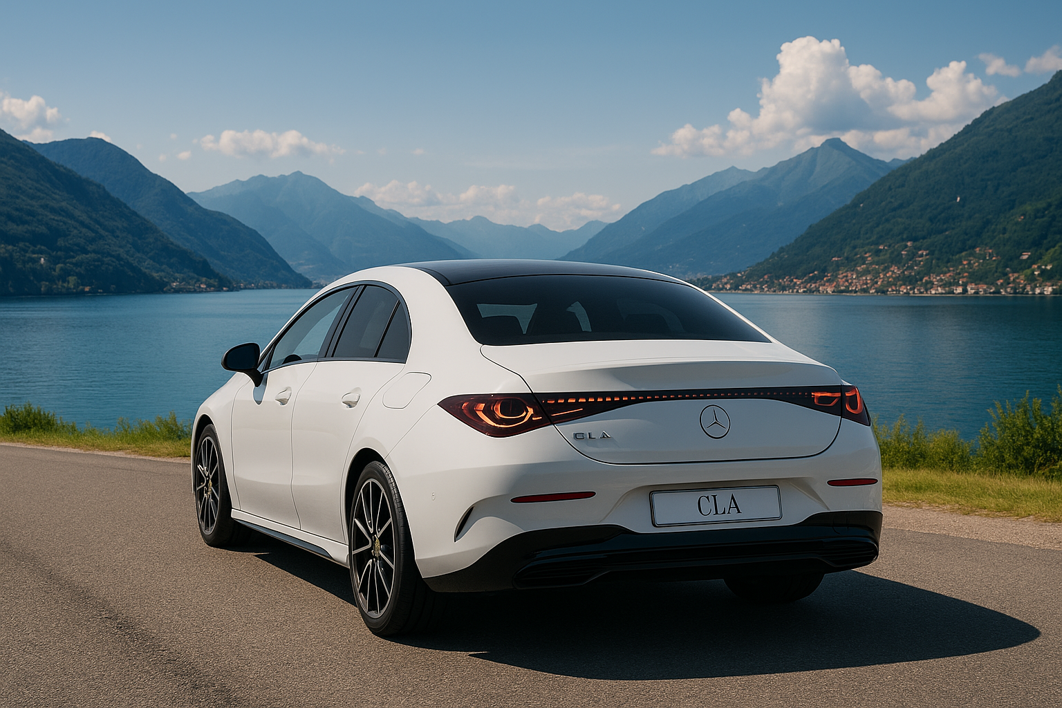 Auto Mercedes-Benz CLA bianca parcheggiata lungo una strada vicino a un lago con montagne sullo sfondo e cielo sereno.