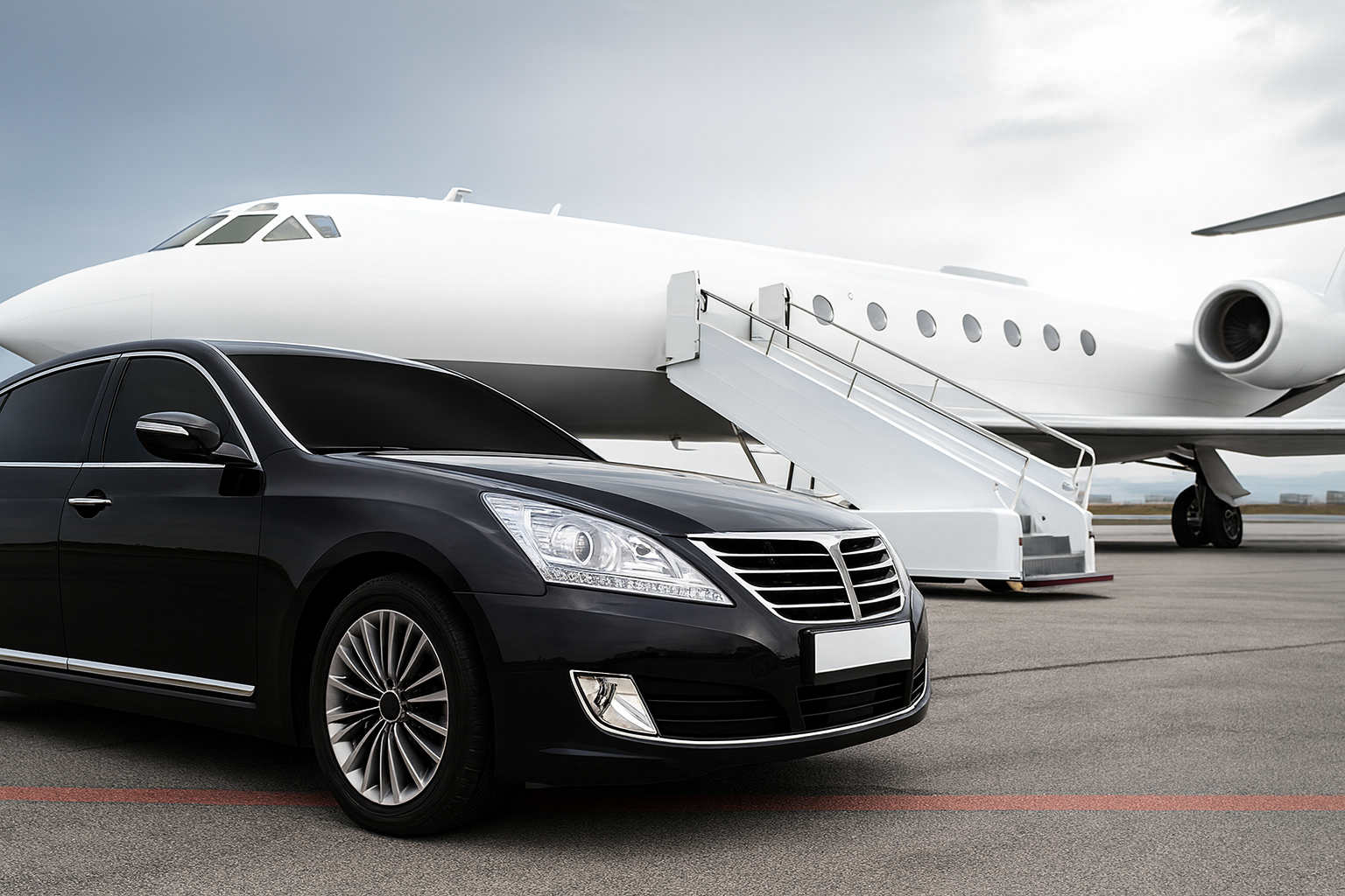 Auto nero parcheggiata di fronte a un jet privato con una scala mobile sull'aereo.