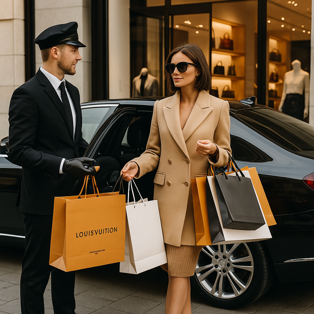 Una donna elegante con occhiali scuri e un cappotto beige fa shopping e mostra diverse borse mentre si trova accanto a una macchina di lusso, accanto a un uomo che indossa un abito nero e un cappello da ufficiale.
