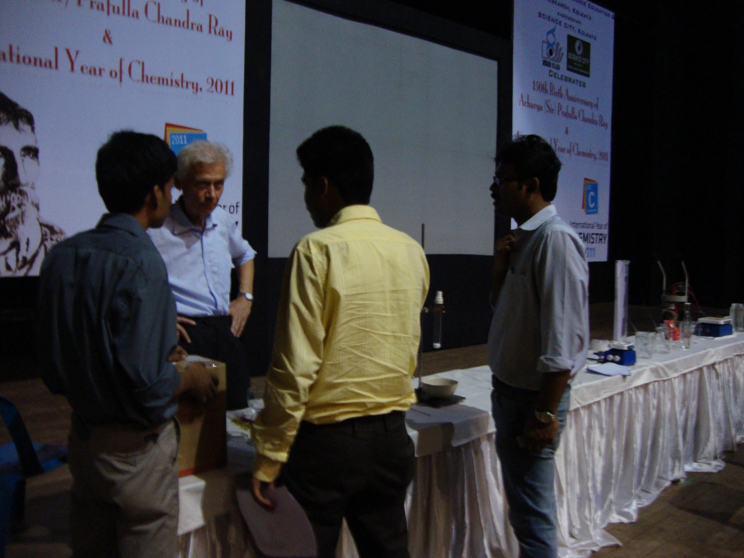 Short meeting among Samaresh Chandra Sau, Prof. Herbert W. Roesky, Prof. Swadhin K. Mandal and Saswata Roy, before the event.
