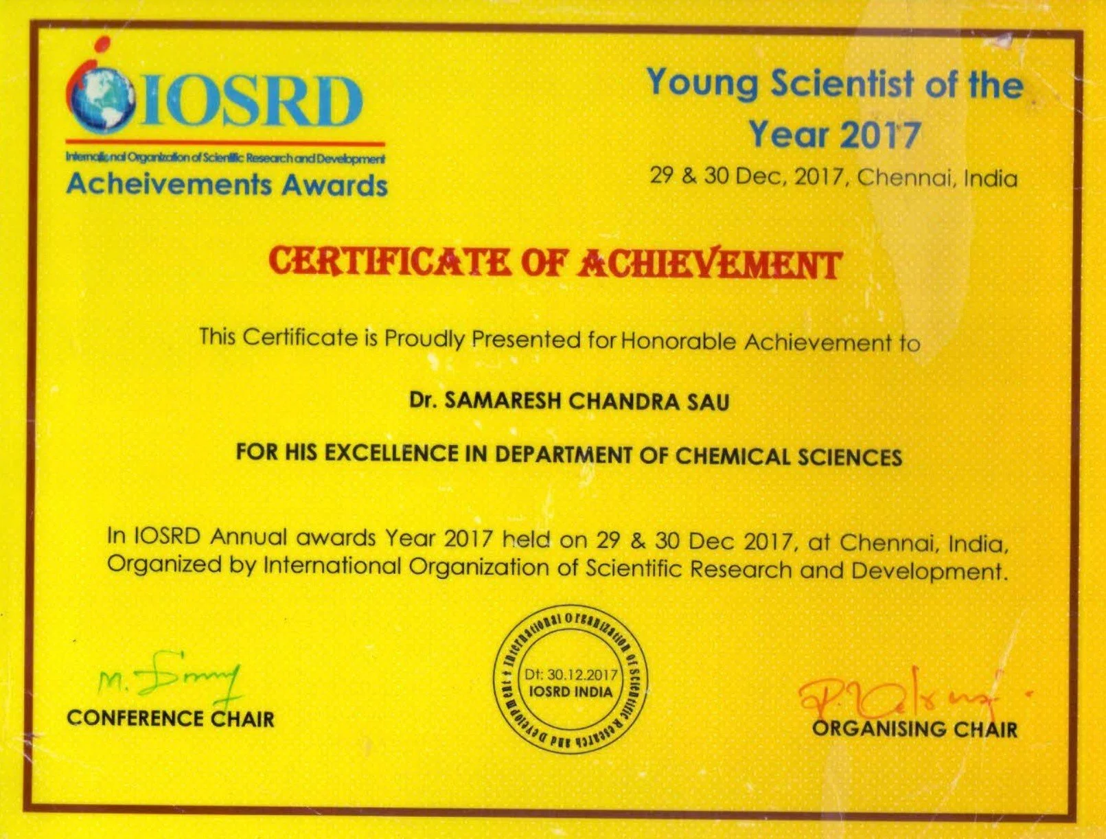 IOSRD Achievement Awards, 2017, Chennai, India
