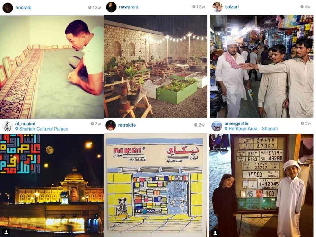 Collage of six images: a boy kneeling and praying in front of framed pictures, an outdoor garden with string lights, three men walking in a crowded market, a night view of a well-lit palace, a colorful illustrated sign for a bookstore, and two children standing by a bus ticket board in Sharjah.