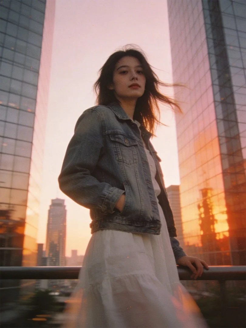 A young woman in a denim jacket and white dress standing outdoors on a balcony with city buildings and a sunset in the background.