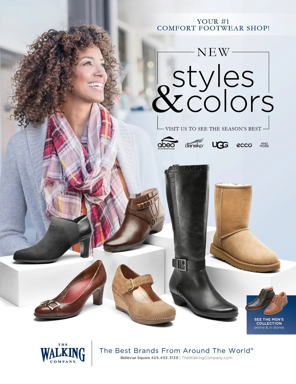 An advertisement for The Walking Company featuring a smiling woman with curly hair and a pink plaid scarf, showcasing various styles of women's boots and shoes.