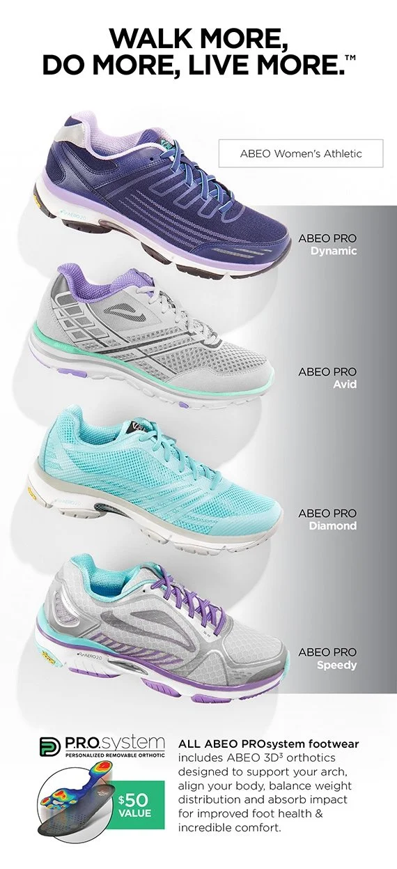 Display of four different models of women's athletic shoes from ABEO, each in different colors and styles, with a slogan at the top saying, "Walk More, Do More, Live More." The shoe models include ABEO PRO Dynamic, ABEO PRO Avid, ABEO PRO Diamond, an