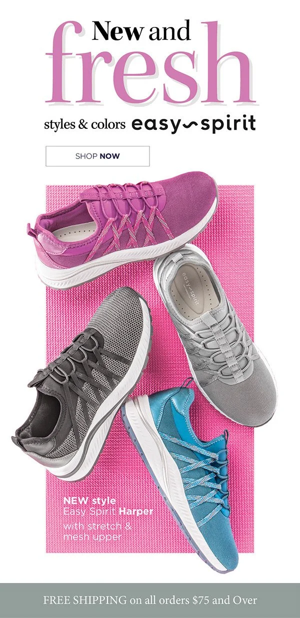 Advertisement for athletic shoes featuring four colorful sneakers in pink, gray, blue, and black, with text promoting new styles and colors, free shipping on orders $75 and over.