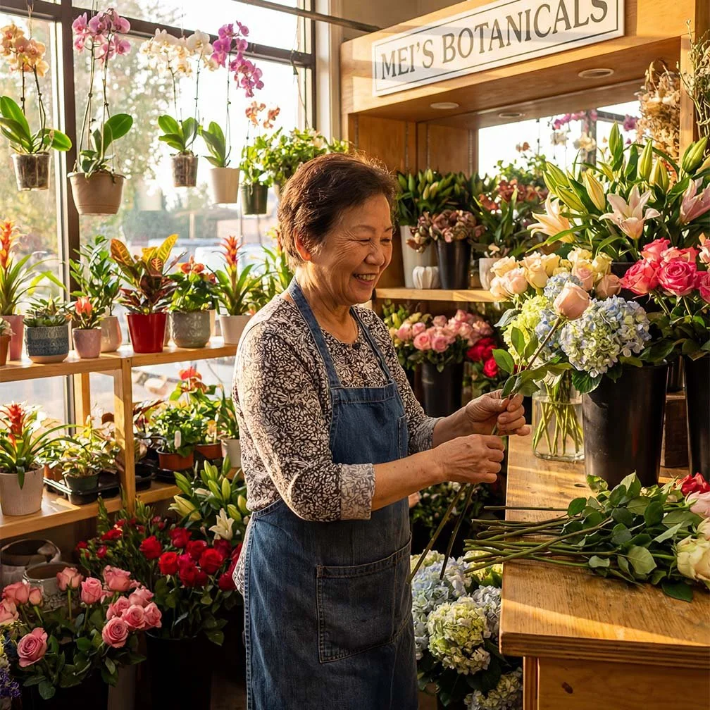 An elderly woman smiles as she arranges flowers in a flower shop filled with colorful potted plants and floral arrangements.