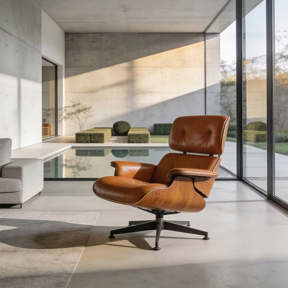 Modern interior with leather lounge chair, gray sofa, large windows, and view of a pool and outdoor landscaping.