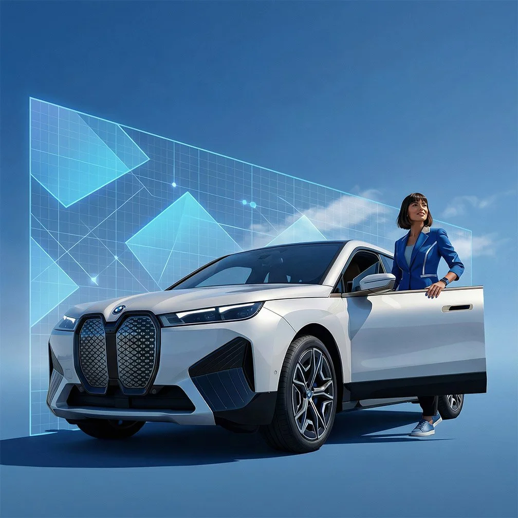 A woman in a blue blazer stands next to an electric white SUV with a futuristic digital display in the background.