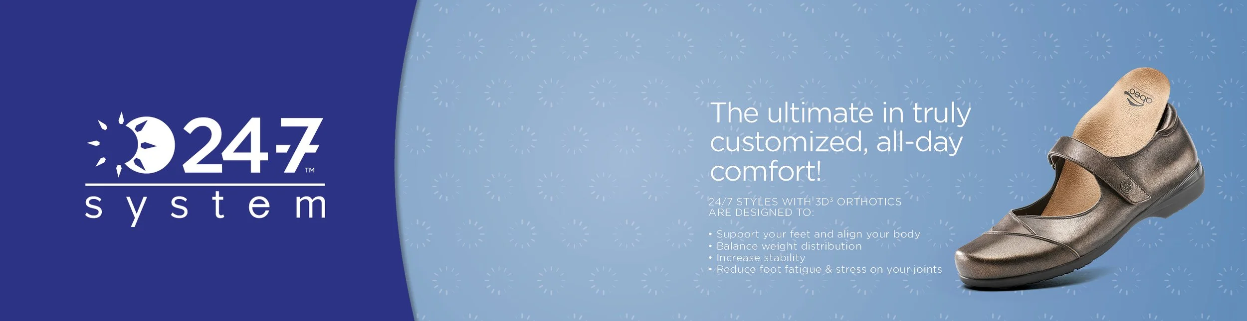 Advertisement for 24/7 system shoes featuring a metallic-colored orthopedic shoe with a beige insole and adjustable strap.