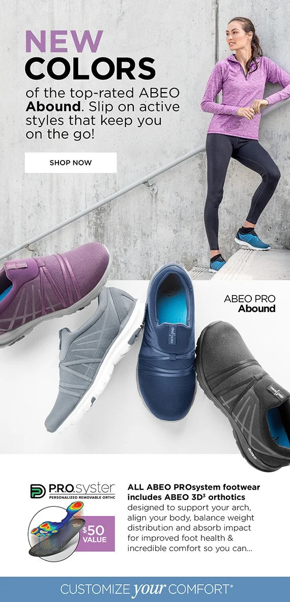 Advertisement for ABEO PRO system footwear showcasing four athletic shoes in purple, gray, blue, and black colors. A woman in workout attire stands against a concrete wall, smiling and leaning on a railing. Text promotes new colors, active styles, an