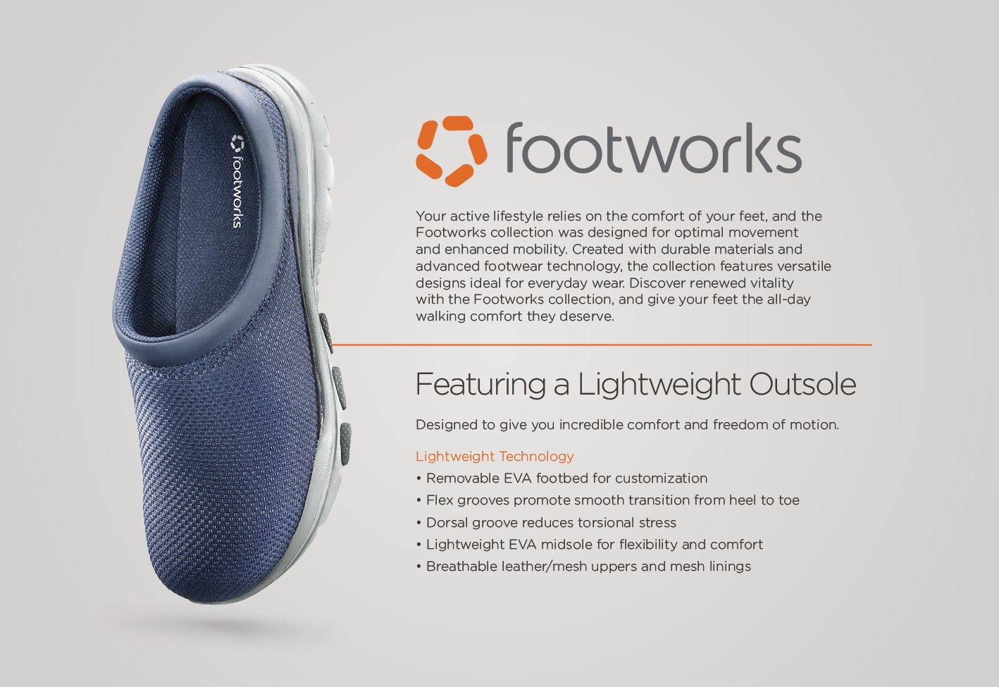 A promotional image for footwear featuring a close-up of a blue sneaker, with descriptive text about the lightweight outsole, removable EVA footbed, flex grooves, dorsal groove, and breathable materials.