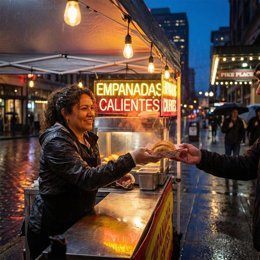 A woman working at a street food stand during a rainy evening, handing a hot empanada to a customer. The stand has a neon sign that says "EMPANADAS CALIENTES," and the street is wet with reflections of lights.