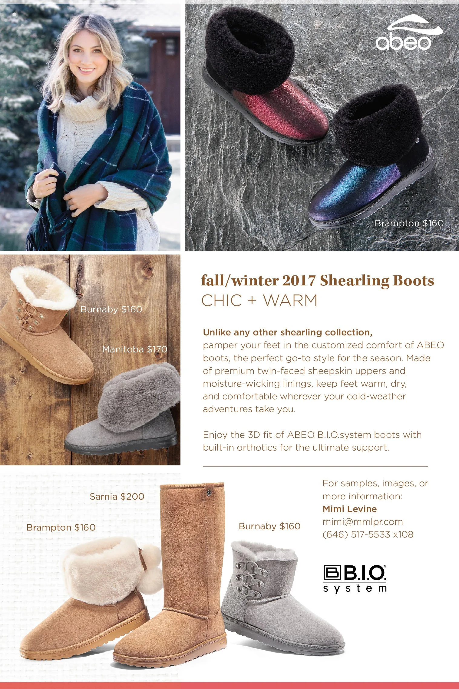 Display of fall and winter boots with descriptions, prices, and a woman smiling outdoors wearing a plaid scarf and cozy sweater.