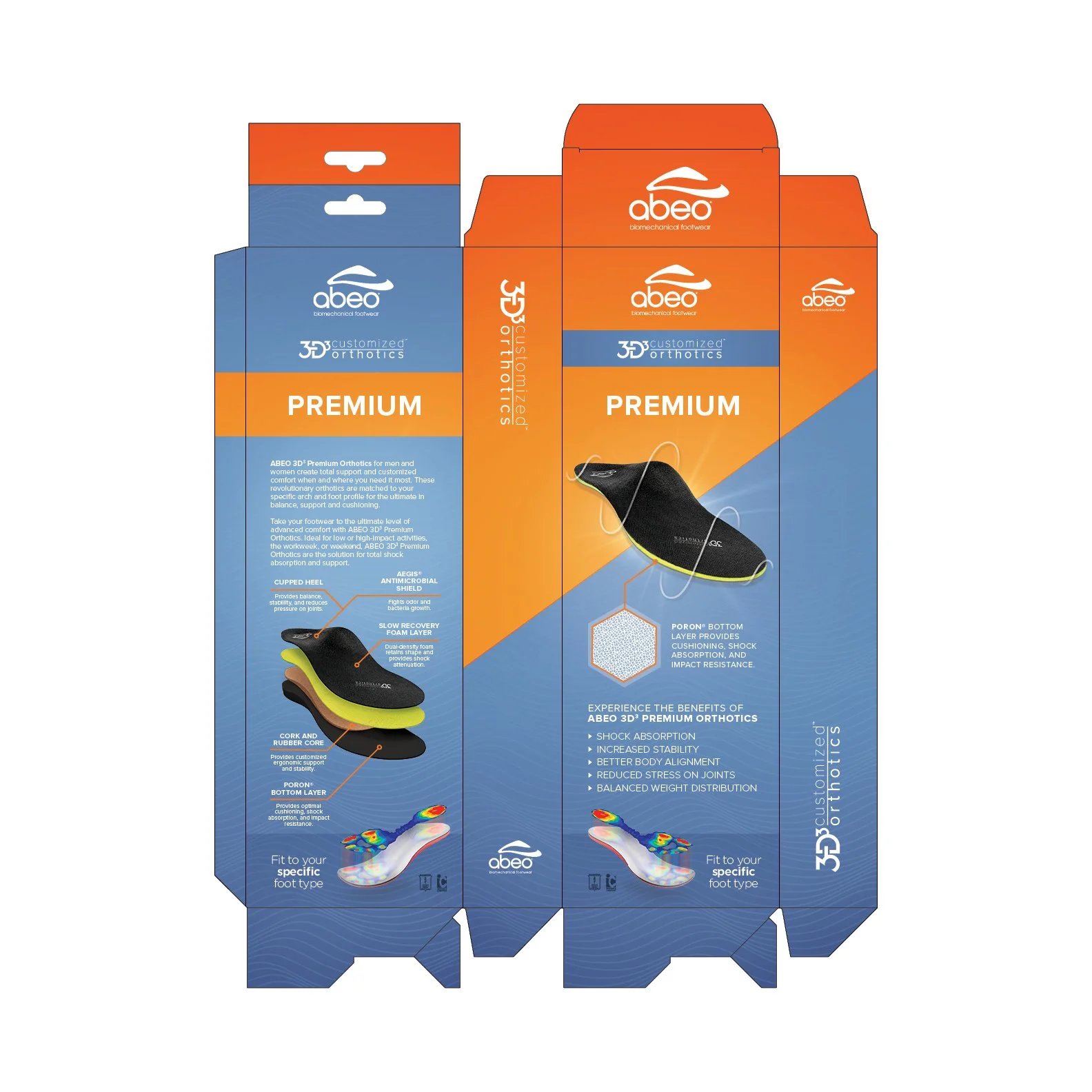 Packaging template for ABEo 3D Premium Orthotics, featuring orange and blue colors with product illustration, textual information, and branding details.