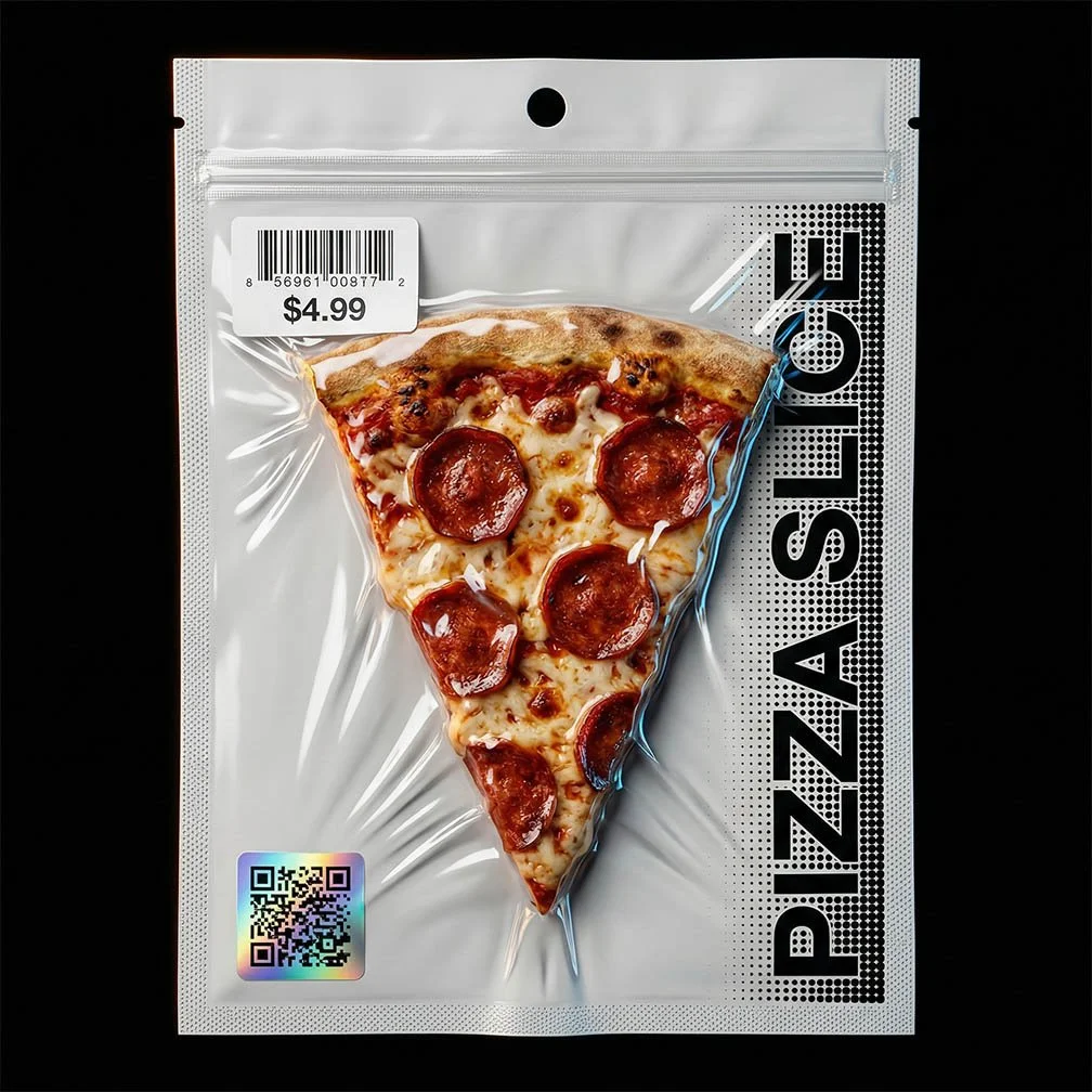 A slice of pepperoni pizza inside a clear plastic package with 'PIZZASLICK' branding. The package has a holographic QR code sticker and a price tag of $4.99. The pizza slice has a golden crust, melted cheese, and pepperoni toppings.