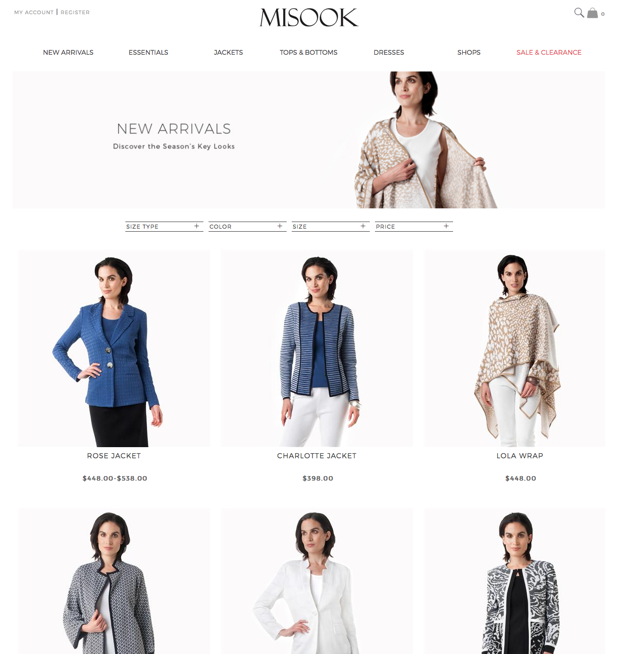 Screenshot of MISOK online clothing store featuring women's fashion including jackets and wraps, with models wearing various outfits and prices listed.