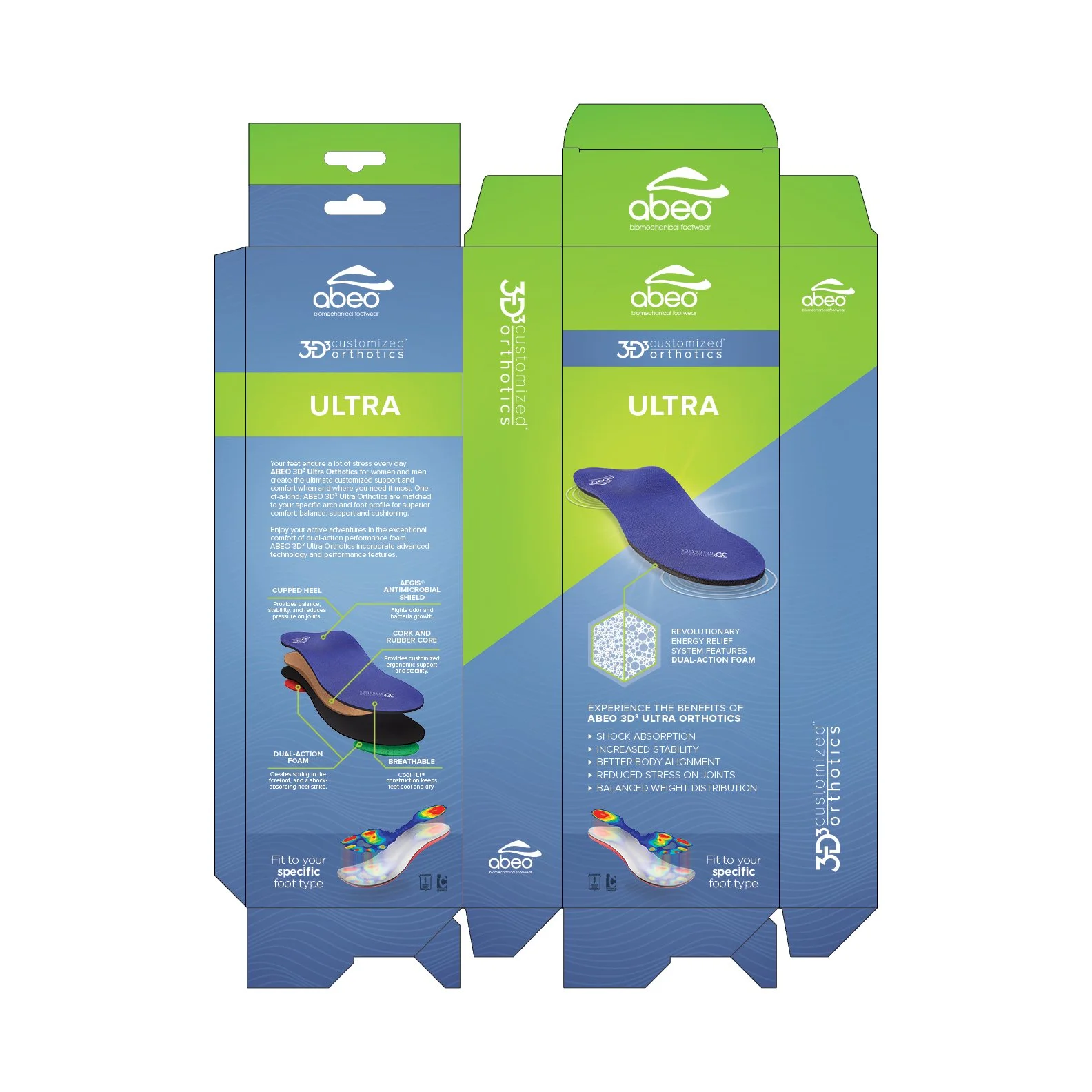 Packaging design for ABE0 Ultra Orthotics featuring green and blue color scheme, an illustration of a shoe insert, and text highlighting benefits like shock absorption, stability, and customized support.