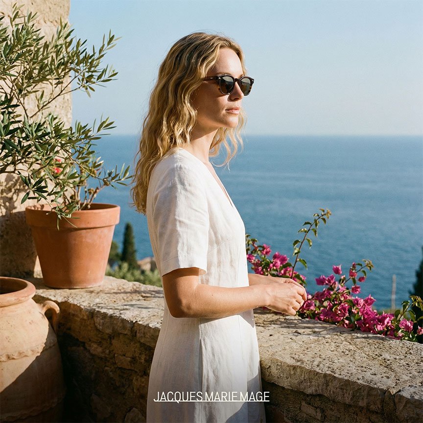 A woman with blonde curly hair wearing black sunglasses and a white dress stands on a terrace overlooking the ocean, with pink flowers and potted plants nearby.