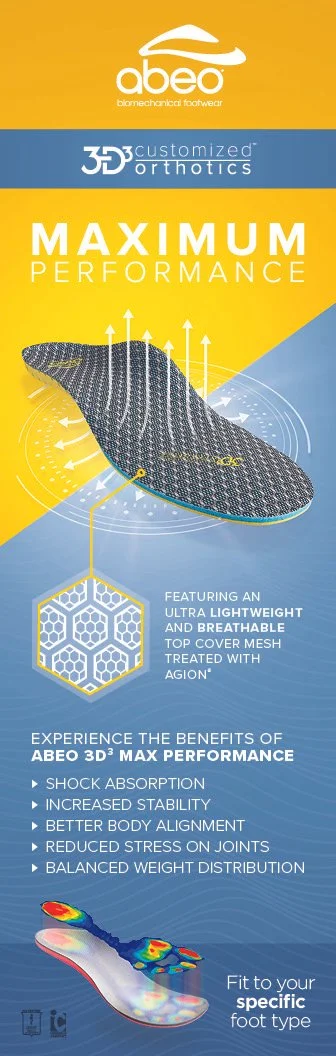 A promotional graphic for ABEOL 3D customized orthotics with a yellow and blue background, featuring an image of a shoe sole, highlighting maximum performance, lightweight and breathable mesh, and benefits such as shock absorption, stability, and bet