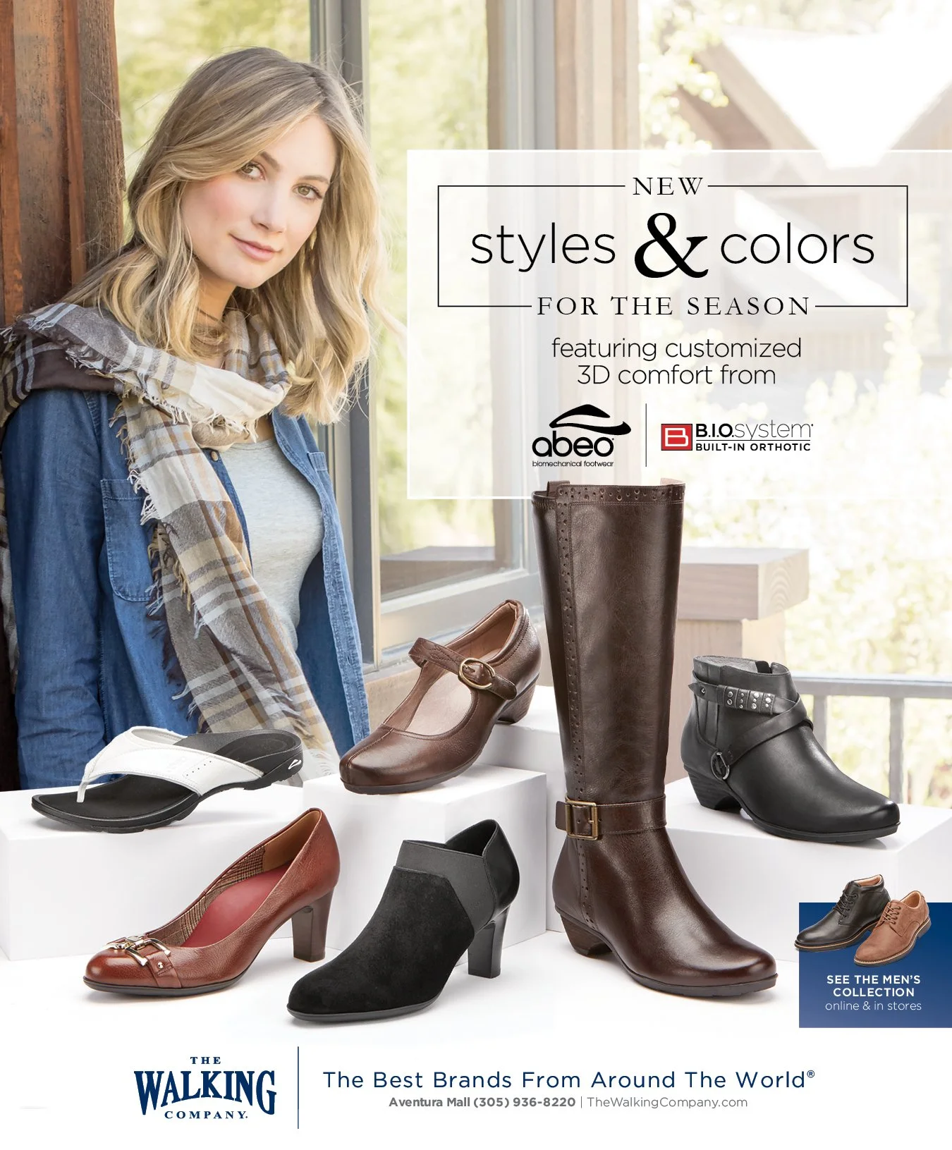 An advertisement for new styles and colors of footwear, featuring a woman with blonde hair wearing a plaid scarf and denim jacket, standing near a window, with various shoes displayed on white platforms in front of her.