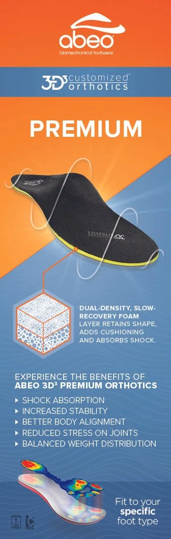 Packaging design for Abeo 3D customized orthotics, featuring a black orthotic shoe insert, orange and blue backgrounds, and text highlighting features like dual-density foam, shock absorption, and stability.