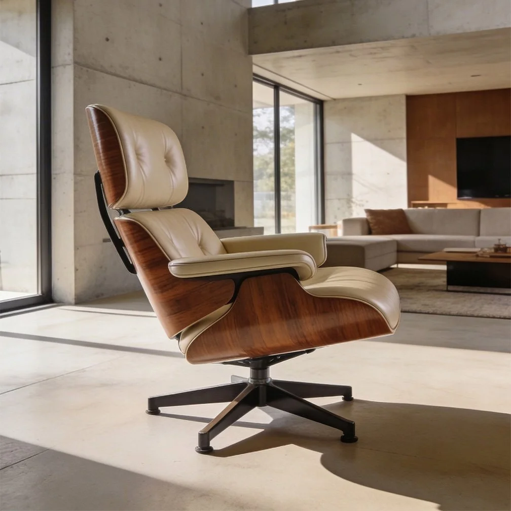 Modern living room with a vintage leather and wood lounge chair in the foreground, large windows, concrete walls, and a sectional sofa in the background.