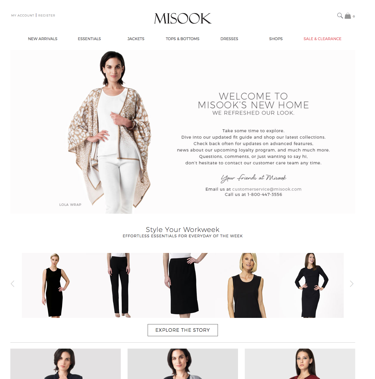 Homepage of Misook's online clothing store featuring a woman in a beige and white wrap, with black and white clothing options below.