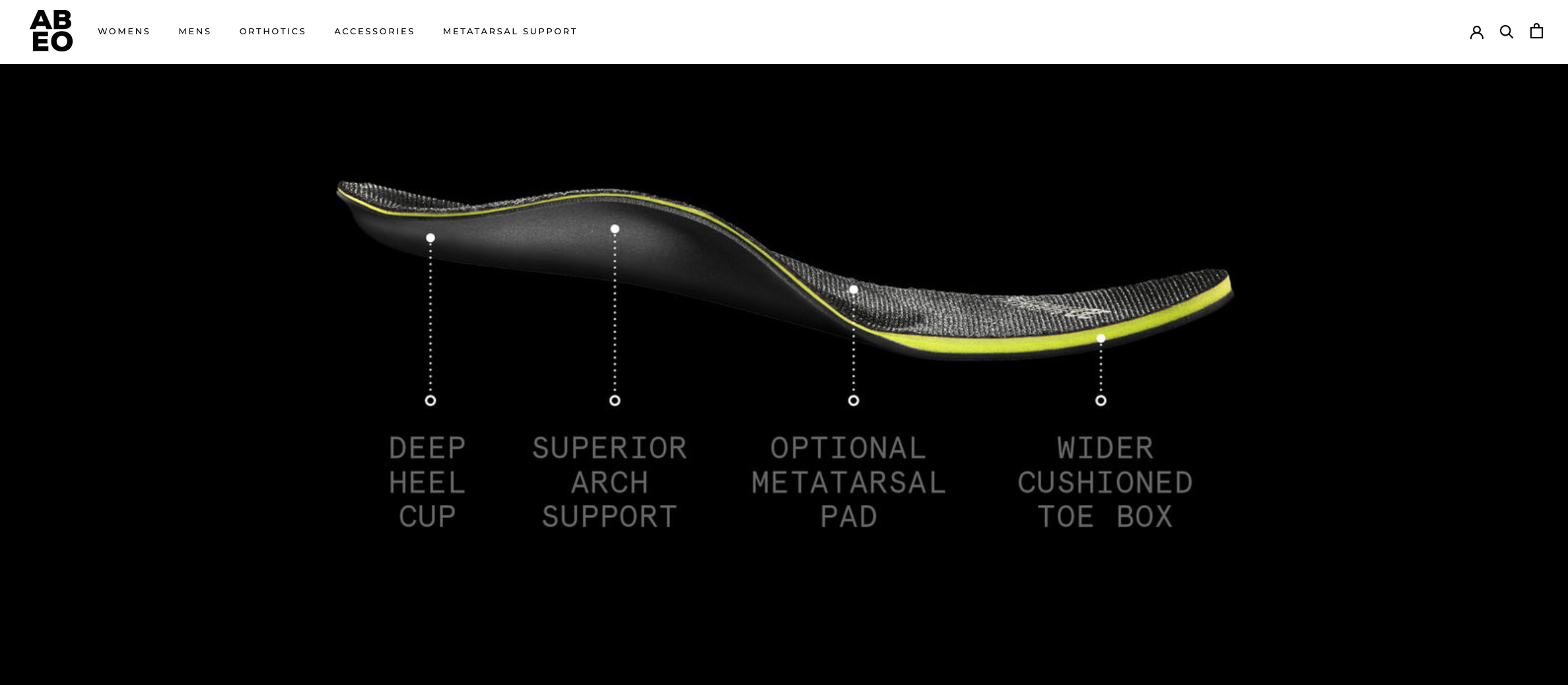 A bicycle saddle with labeled features including a deep heel cup, superior arch support, optional metatarsal pad, and a wider cushioned toe box, against a black background with the brand logo at the top left corner.