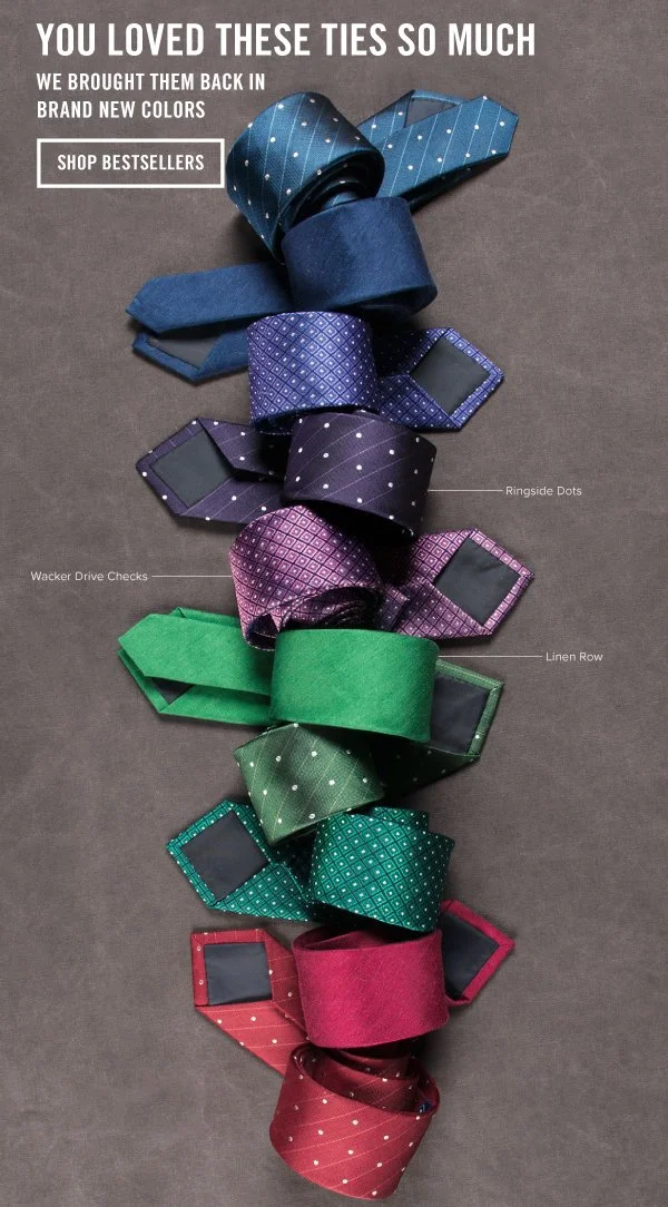 A variety of colorful neckties arranged vertically on a dark background, with labels indicating different patterns such as ringside dots, wacker drive checks, and linen row.