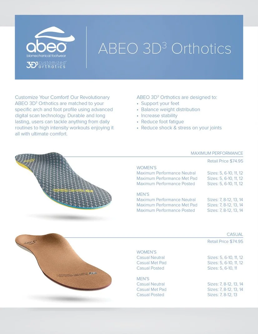 Product flyer for ABEO 3D Orthotics, featuring two types of orthotic insoles: maximum performance and casual. The flyer details their features, intended support benefits, and available sizes for women and men.