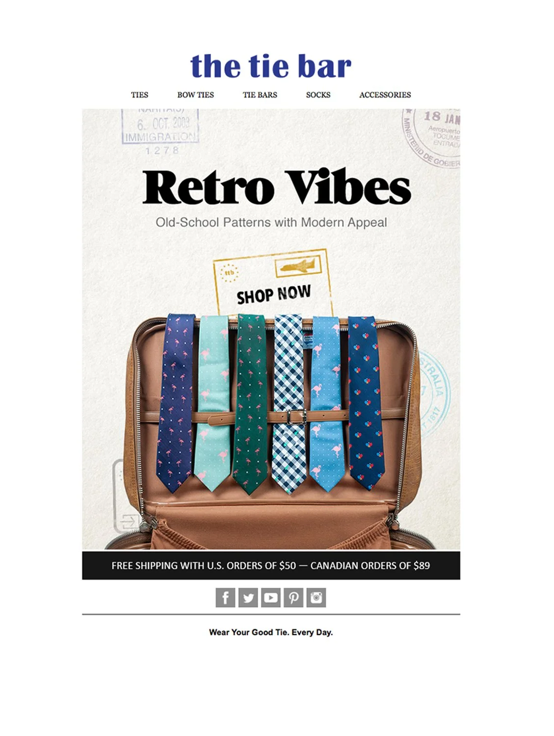 Advertisement for retro-themed ties featuring various patterns, displayed in an open suitcase with a 'Shop Now' sign and social media icons.