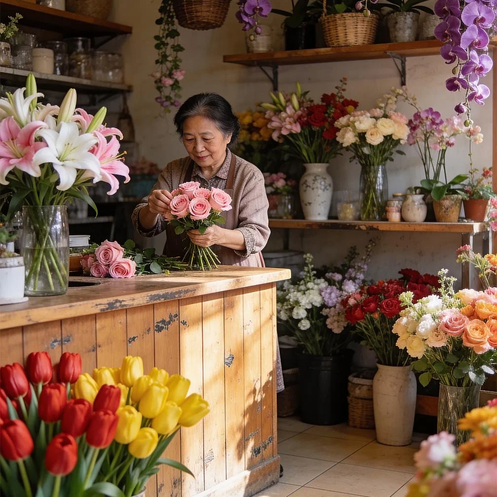 An elderly woman arranging pink roses in a small bouquet inside a flower shop, surrounded by various colorful flower arrangements and houseplants.