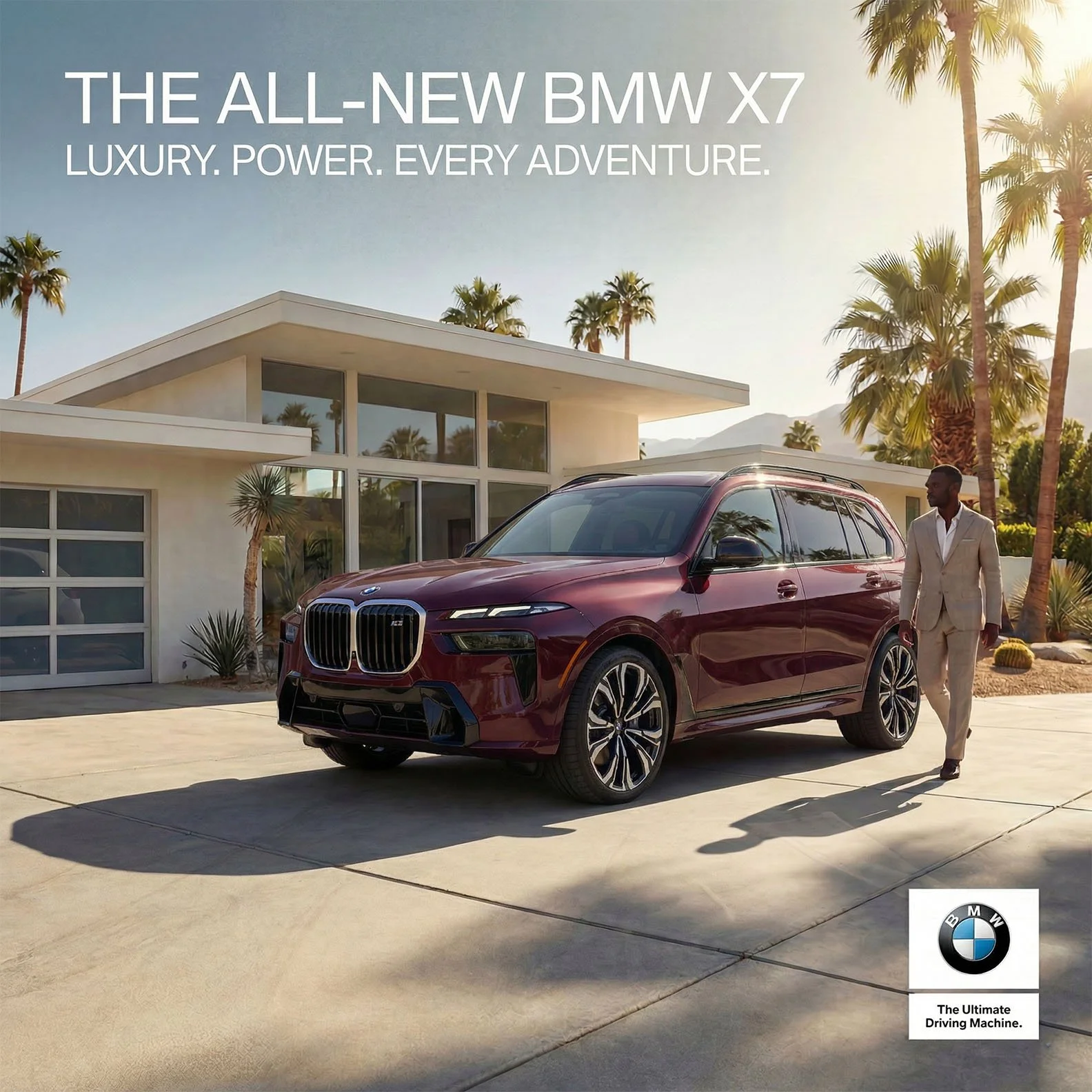 A man in a light-colored suit walking past a maroon BMW X7 parked in a driveway outside a modern house with large glass windows and palm trees in the background. The image promotes the BMW X7 with text highlighting luxury, power, and adventure, and f