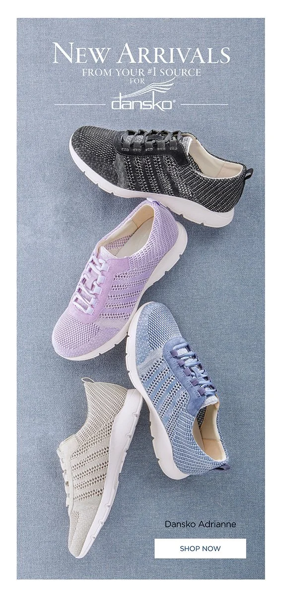 Four pairs of Dansko Adrianne sneakers in black, lavender, blue, and beige, arranged vertically on a light blue background with promotional text for new arrivals and a 'Shop Now' button.