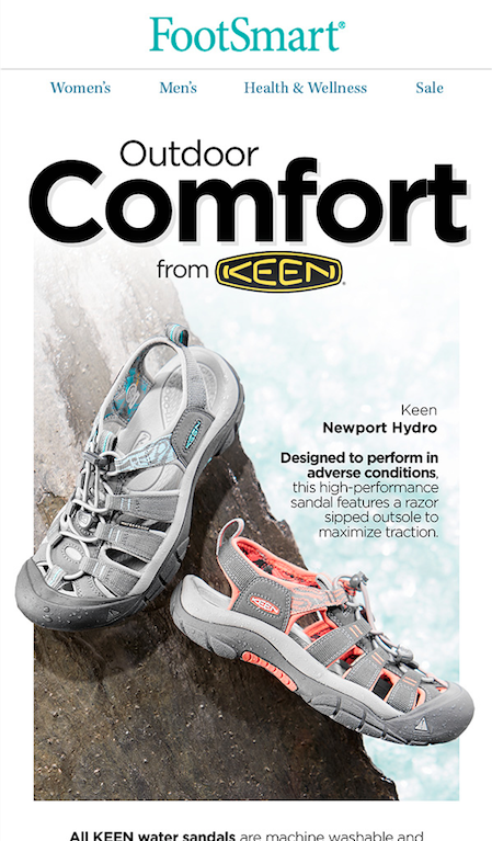 Advertisement for Keen Newport Hydro outdoor water sandals, featuring two pairs of sandals in gray and pink colors, positioned on a rock with water in the background.