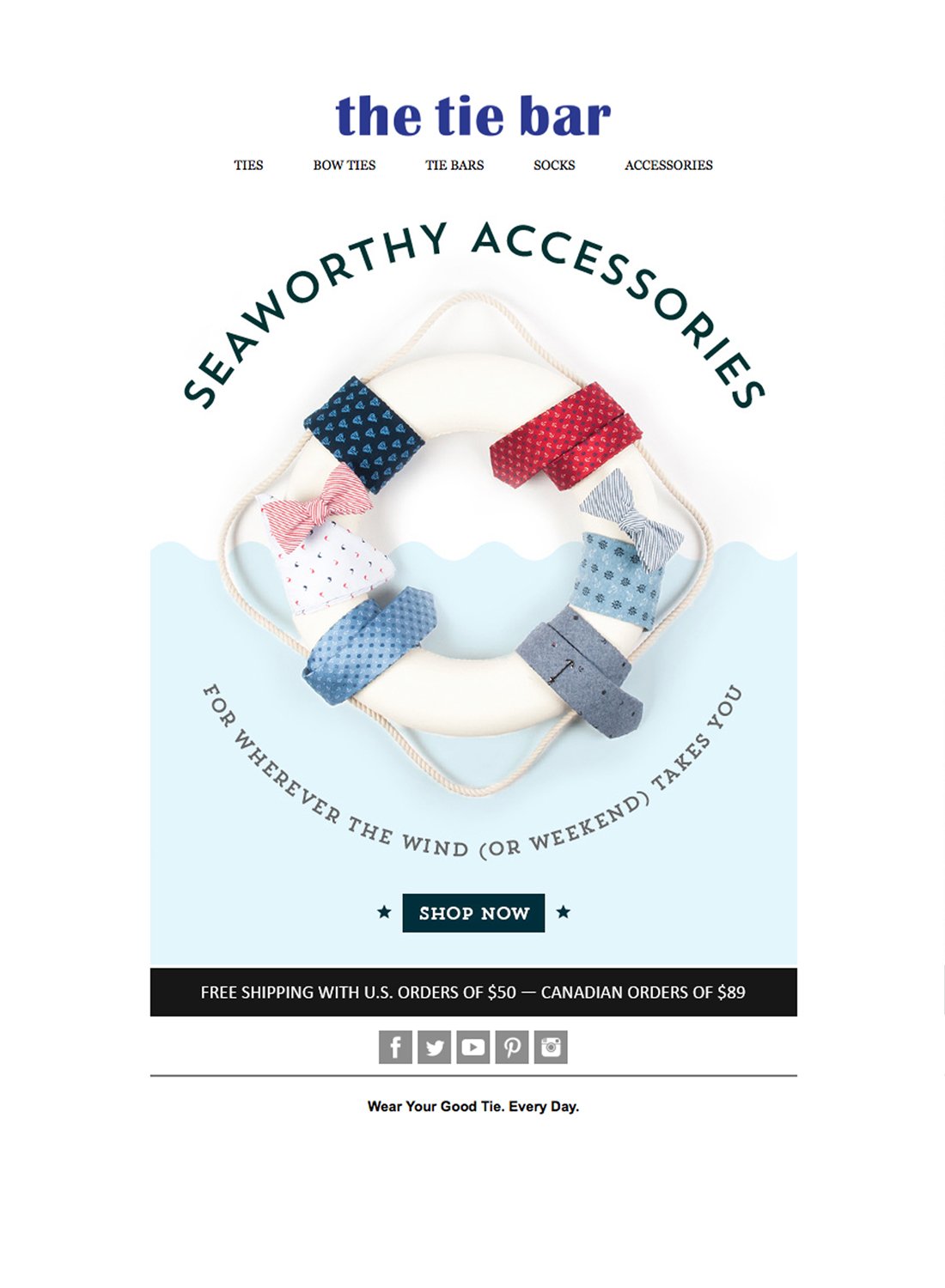 Advertisement for tie accessories by 'the tie bar,' featuring a colorful lifebuoy decorated with various fabric bow ties and sock accessories, with text promoting sea-worthy accessories suitable for windy or weekend occasions, and a call-to-action bu