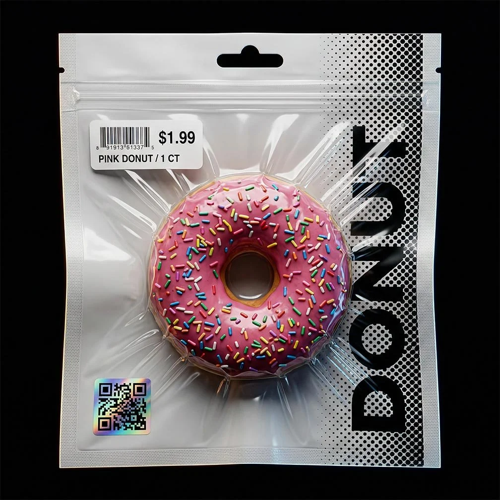 Package of a pink donut with colorful sprinkles, priced at $1.99, enclosed in clear plastic with black and white design elements and a QR code.
