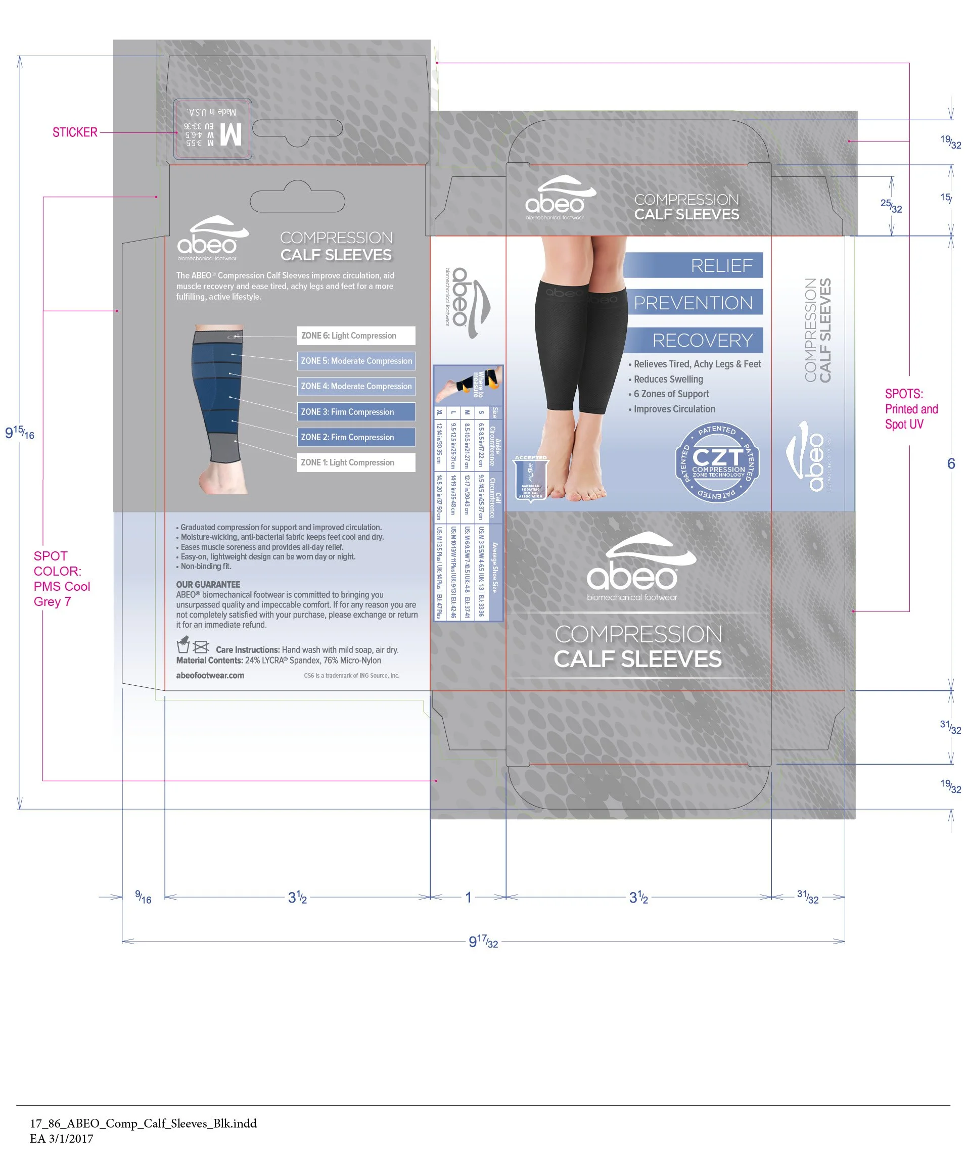 Packaging design for ABEO compression calf sleeves, showing product details, sizing zones, and a model wearing the black calf sleeves. The package includes information on relief, prevention, and recovery benefits, along with care instructions and mat